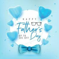 glücklich Väter Tag Beschriftung Hintergrund mit ein Schnurrbart, Bogen binden, Brille und Blau Herzen Vektor Illustration
