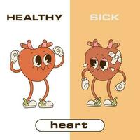 Herz Mensch intern Organ gesund vs. ungesund, medizinisch anatomisch komisch 90er Jahre Stil retro Karikatur Charakter. Paar im Vergleich glücklich gegen krank und beschädigt. Kontur Vektor Illustration.