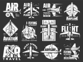 luft resa, pilot flyg skola och flyg ikoner vektor