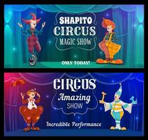 shapito cirkus show, tecknad serie clowner vektor banderoller