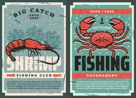 retro affischer, skaldjur räkor och krabba fiske vektor