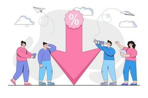 procent trycker på ner pil, procent släppa begrepp med människor karaktär. översikt design stil minimal vektor illustration för landning sida, webb baner, infografik, hjälte bilder