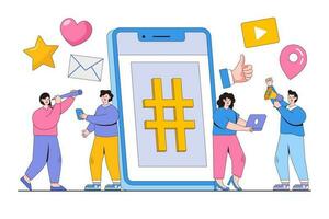 Sozial Netzwerke Konzept mit Hashtag Zeichen auf Telefon und Menschen Figuren. Gliederung Design Stil minimal Vektor Illustration zum Landung Buchseite, Netz Banner, Infografiken, Held Bilder