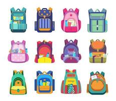 skola väska, ryggsäck och studerande ryggsäck ikoner vektor
