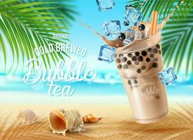Blase Milch Tee auf Sommer- Strand mit Palme Blätter vektor