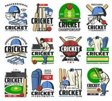 cricket sport boll, fladdermus, spelare och stadion ikoner vektor
