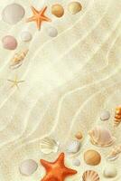 realistisk sand strand topp se, snäckskal, sjöstjärna vektor