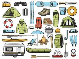 Reise und Tourismus Ausrüstung, Camping Symbole vektor