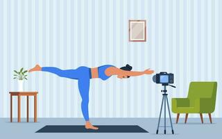 kvinna karaktär håller på med yoga övningar på Hem inspelning video med kamera på stativ. social nätverk bloggar, friska livsstil begrepp. sport streming. vektor illustration.