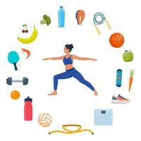 Frau tun Yoga Übungen. Symbole von gesund Essen, Gemüse und Sport Ausrüstung zum anders Sport um ihr. gesund Lebensstil Konzept. Vektor Illustration.