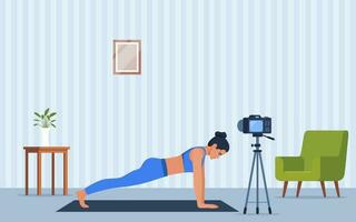 kvinna karaktär håller på med yoga övningar på Hem inspelning video med kamera på stativ. social nätverk bloggar, friska livsstil begrepp. sport streming. vektor illustration.