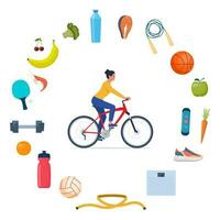kvinna på cykel. flicka gör sporter. ikoner av friska mat, grönsaker och sporter Utrustning för annorlunda sporter runt om henne. friska livsstil begrepp. vektor illustration.