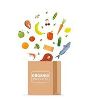 färsk friska Produkter är tappade in i en papper väska. organisk mat från de odla. grönsaker, bröd, mejeri Produkter, vin, kött, fisk och frukter. mat leverans. vektor illustration.