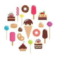 satz verschiedener süßigkeiten. Eis, Kuchen, Kuchen, Krapfen, Makronen, Lutscher, Süßigkeiten, Schokolade. flache vektorillustration. vektor