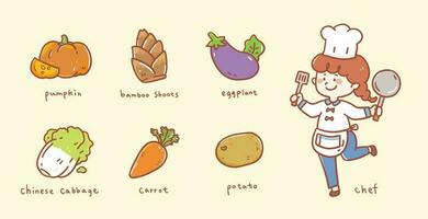 vektorer söt illustration stil matlagning serier med friska grönsaker och kock.