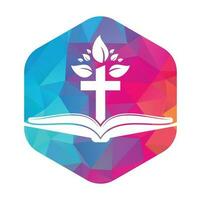 bibel korsa träd logotyp design. kristen kyrka träd korsa vektor mall design.
