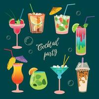 modisch einstellen von Sommer- Cocktails. erfrischend Getränke mit Eis Würfel, Beeren, Früchte. Beliebt Cocktails zum Speisekarte Design, Poster, Broschüren zum Cafés, Riegel. vektor