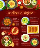 indisch Küche Speisekarte, Fisch Curry, Reis, Gemüse vektor