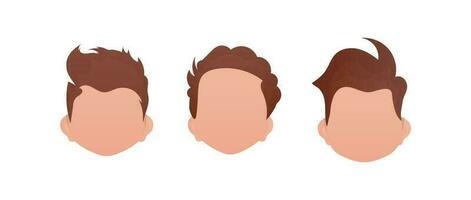 uppsättning av ansikten av Pojkar med annorlunda frisyrer. isolerat på vit bakgrund. vektor
