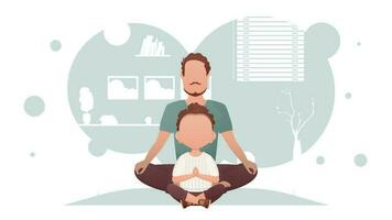 Papa und Sohn sind Sitzung und tun Yoga im das Zimmer. Meditation. Karikatur Stil. vektor