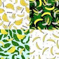 hausgemachte Bananensammlung. nahtlose Muster mit Bananen, exotischen Blättern und Punkten. Perfekt für Tapeten-, Geschenkpapier-, Textil- und Verpackungsdesign. vektor