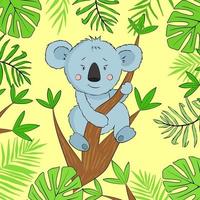 vektor illustration tecknad koala på eukalyptusträdet. illustration med roliga koala och exotiska löv.