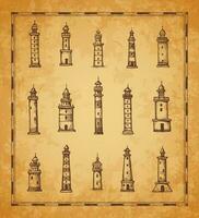 Antiquität Karte Elemente, Leuchtturm, Leuchtfeuer Skizzen vektor