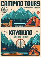 camping, Kajakpaddling och vandring resa vektor posters