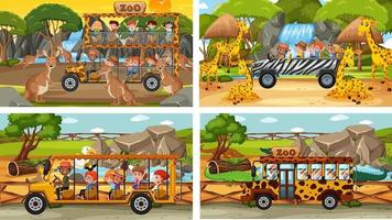 uppsättning av olika djur i safari scener med barn vektor