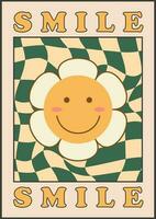 samling av ljus häftig posters 70-tal. retro affisch med psychedelic blommor och svamp, leende ansikte, Sol, Lycklig sommar eller vår. årgång grafik med grunge textur. vektor