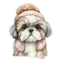 Aquarell shih tzu Hündchen mit Baumwolle Hut, und Schal vektor