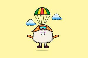 söt maskot tecknad serie sushi fallskärmshopp med fallskärm vektor