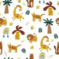 Urwald Tiere nahtlos Muster. Giraffe, Löwe, Tiger, Leopard, Palme Bäume und Blumen. perfekt zum Stoff, Textil, Hintergrund und Scrapbooking. kreativ Vektor Hintergrund