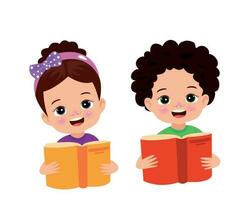 Junge und Mädchen lesen ein Buch. vektor