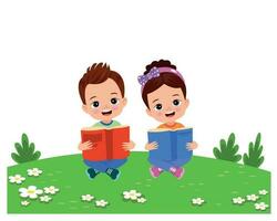 pojke och flicka läsning böcker på de gräs. vektor