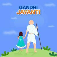 zurück Aussicht von Mahatma Gandhi mit Mädchen Charakter auf Blau und Grün Hintergrund zum Gandhi Jayanti Konzept. vektor