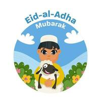 eid al Adha mubarak begrepp med islamic pojke innehav tecknad serie får och blommig på blå och vit bakgrund. vektor