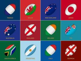 12 Flaggen im das Stil von ein Rugby Ball. Flagge von Rugby u20 Wettbewerb Teilnehmer. vektor