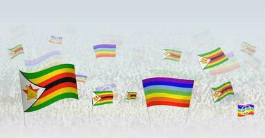 Menschen winken Frieden Flaggen und Flaggen von Zimbabwe. Illustration von Menschenmenge feiern oder protestieren mit Flagge von Zimbabwe und das Frieden Flagge. vektor