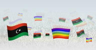 Menschen winken Frieden Flaggen und Flaggen von Libyen. Illustration von Menschenmenge feiern oder protestieren mit Flagge von Libyen und das Frieden Flagge. vektor