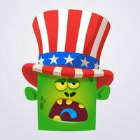 komisch Grün Karikatur Monster- tragen Onkel Sam Hut. Design Charakter zum amerikanisch Unabhängigkeit Tag. Vektor Illustration zum drucken oder Dekoration