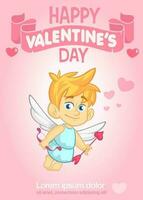 Poster mit komisch Amor Karikatur Charakter mit Bogen und Pfeil. Vektor Illustration zum Valentinstag Tag isoliert auf Blau Hintergrund.