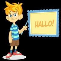 vektor illustration av blond pojke i shorts och randig t-shirt. tecknad serie av en ung pojke klädd upp presenter på en styrelse med pekare