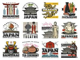 Japan Symbole von Reise Wahrzeichen, Essen und Kultur vektor