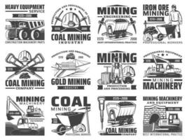 Bergbau Industrie Ausrüstung und Bergmann Werkzeug Symbole vektor