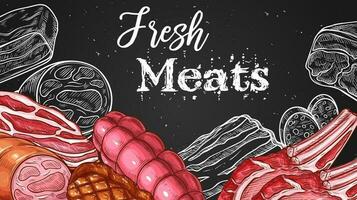 kött svarta tavlan skiss butchery affär mat Produkter vektor