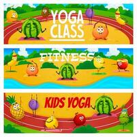 Kinder Yoga, Karikatur Früchte Zeichen Fitness vektor