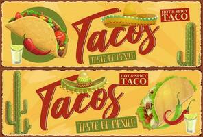 heiß und würzig Mexikaner Tacos retro Vektor Banner