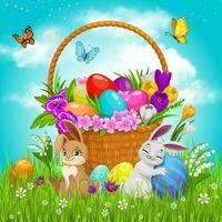 Ostern Korb mit Blumen, gemalt Eier, Hasen vektor
