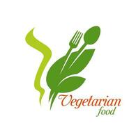 Vegetarier Essen Symbol von Löffel, Gabel und Grün Blatt vektor